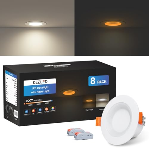 KEELED White Downlight for Ceiling, Recessed Lighting with Night Light, 230V, 6W, 3CCT 3000K/4000K/6000K Selectable, 70-85mm Cutout, 8-Pack