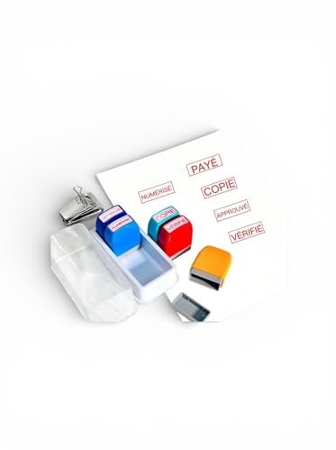Lot de 5 Tampons de Bureau, Texte Français (Payé, Copie, Numérisé, Approuvé, Vérifié), Kit de Tampons Administratifs