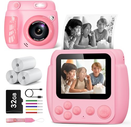 Cámara Instantánea para Niños, 1080p Cámara Digital con Impresión Instantánea, Tarjeta de 32 GB y 3 Rollos de Papel Térmico, Regalo de Cumpleaños para Niños y Niñas de 3 a 12 Años