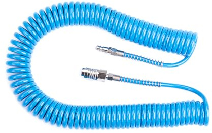 Tubo a spirale per aria compressa in PU poliuretano Ø 5 x 8 mm lunghezza 7,5 mt completo di raccordi ad attacco rapido universale. 100% Made in Italy
