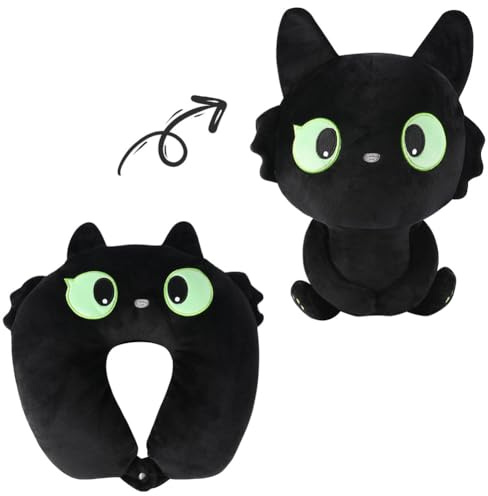 Alaoo Oreiller Voyage 2 en 1,Cervical U Peluche transforme, Chat Noir | Oreiller Peluche pour Voyage Travail, Coussin Nuque transformable