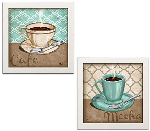 Gango Home Decor 2 Trellis Cafe and Mocha Quartrefoil Brown and Teal Cups of Coffee; Kitchen Décor, Two 12x12in White Framed Prints; Ready to hang