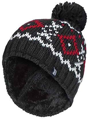 HEAT HOLDERS - Herren Winter Warm Fleece Mütze/Beanie mit Bommel (One Size, Charcoal/Red)