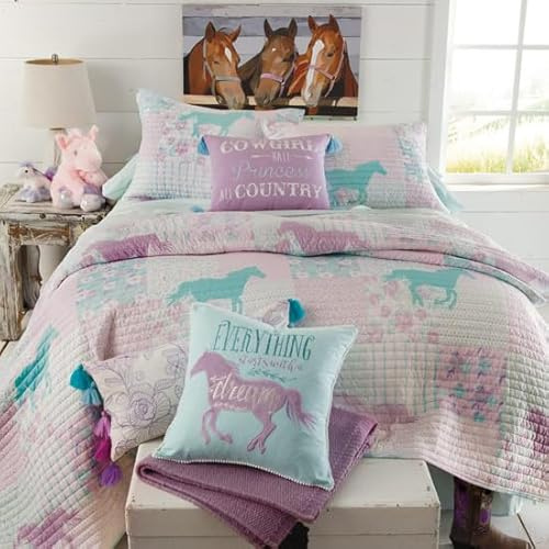 Rod’s Cowgirl Princess Pony Patchwork 6-Piece Twin Bed in a Bag Set – Western Horse Quilt Bedding with Sham, Bedskirt, Sheets & Pillowcase – Purple, Turquoise & Pink