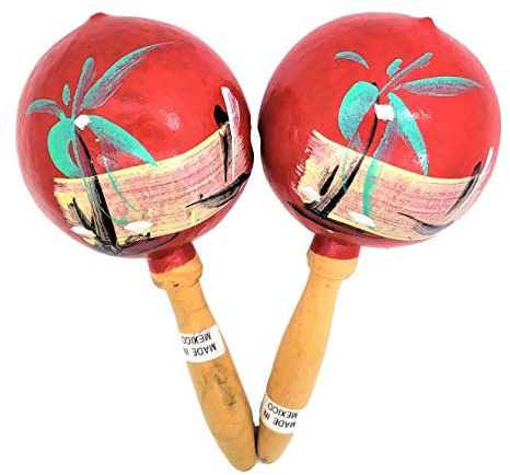 Zugar Land Red - 8 Hand Made Genuine Mexican Real Wooden Maracas (Pack of 2) Fragile Hand Painted. Wood. Noisemaker. Latin Dance Party Fiesta Musical Instrument.