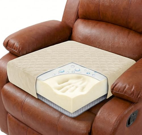 COMFORTANZA Medium-Soft 20x20x5 Memory Foam Recliner Chair Seat Cushion for Long Sitting - Armchair Pad with Washable Velvety Cover with Waterproof Layer & Non-Slip Base for Seniors & Elderly - Cream