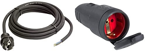 as - Schwabe Gummi-Anschlussleitung – 4,5 m mit spritzwassergeschütztem Schutzkontaktstecker – IP44 – Schwarz I 60379 & Gummi-Kupplung, Leitungen bis max. 2,5mm², IP44, Schwarz, 60415