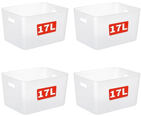 Cetomo 17L*4 Cesta de Almacenamiento de Plástico, Caja de Almacenamiento Abierta, Contenedores Para Estanterías, Organizadores con Asas Para oficina, Gabinetes, Transparente, 8L-4 Unidades(35*27*20cm)