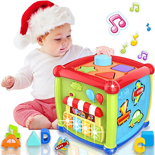 AMLGBTOP Baby Spielzeug ab 1 Jahr 6 in 1 Motorikwürfel Kinder Spielzeug 1 Jahr Form Sorter Klavier Licht Musik Montessori Spielzeug 6 9 12 18 Monate Geschenk für 1 2 3 Jahre Mädchen Jungen