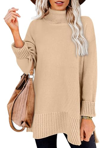 Aokosor Turtle Neck Tops for Women Jumper Ladies Ribbed Sweater Split Tunic Beige Size 18-20