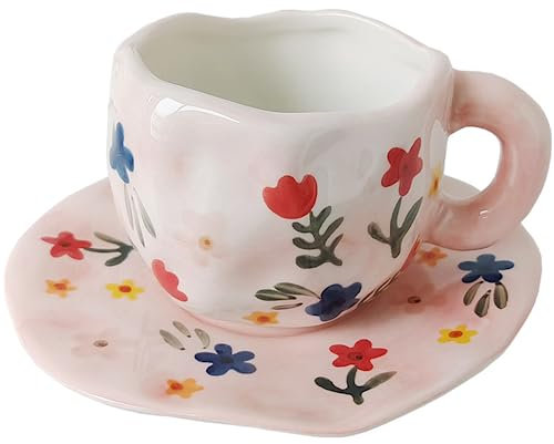Disoza Kaffeetassen Set mit Untertasse Süße Rosa Blumen Tasse Geschenke für Frauen zum Geburtstag 250 ml Keramik Tee Kaffee Becher mit Untertasse Geburtstagsgeschenk für Frauen Mädchen Mama Freundin