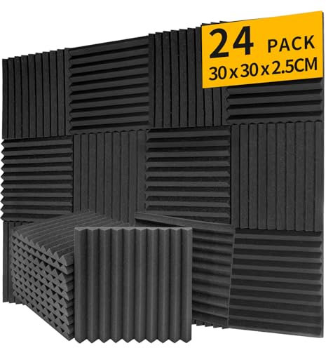 Saiqiang 24 Pack Sound Proof Foam Panels, 1 X 12 X 12, Acoustic Foam Panels for Sound Studio, Podcast Recording, TV Room (Wedge Black, 1 Inch)
