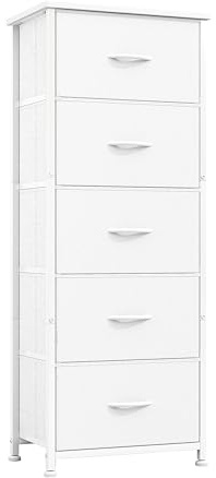 CAIYUN Chest of Drawers, 5 Drawer Tall Dresser, Fabric Dresser for Bedroom Closet Entryway Hallway Nursery Bedside, Storage Organiser Unit, White