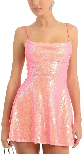 Yoisdtxc Women's Glitter Sequin Mini Dress Sparkly Backless Spaghetti Strap A Line Dress for Cocktail Beach Streetwear (Pink Orange, XL)