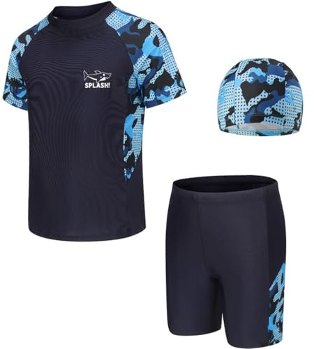 NIUAOAO Jungen-Badeanzüge für Kinder, 3-teiliges Rashguard-Set mit Hut, LSF 50+, kurzärmelig, Badebekleidungs-Set, 5–14 Jahre für Jungen, Blau 02, 7-8 Jahre