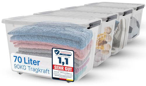 2mGoods - 4er Set 70L robuste Aufbewahrungsboxen mit Deckel L60xB45xH40 cm inkl. Rollen, große Plastikboxen, stapelbar, BPA-frei, transparente Kunststoffboxen für Keller, Wohnung, Werkstatt & Umzug
