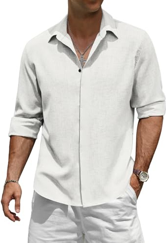 TARAINYA Camisa Lino Hombre Manga Larga Verano Casual Regular Fit Botones Ocultos Blanco 2XL