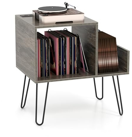 GOPLUS Meuble Platine Vinyle avec Station de Charge, 2Prise&2USB, 66 x 45 x 67 CM, Support pour Tourne-disque avec Séparateur Amovible pour 145 Album, Étagère Ouvert, Pieds en Métal, pour Bureau(Gris)