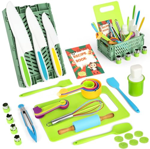 Jepsen 33 Pieces kids cooking set，kids knife set for chopping，toddler baking set，For Real kitchen Cooking Baking，With Chopping Board, Measuring Spoons, And Baking Recipes