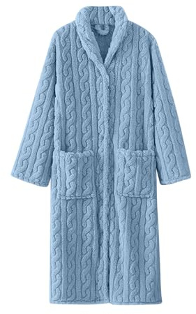 Bata larga de felpa para mujer, bata de baño de forro polar grueso jacquard con botones y bolsillos, acogedora y suave, para invierno, otoño, descanso, spa, cómoda ropa para el hogar, azul, L