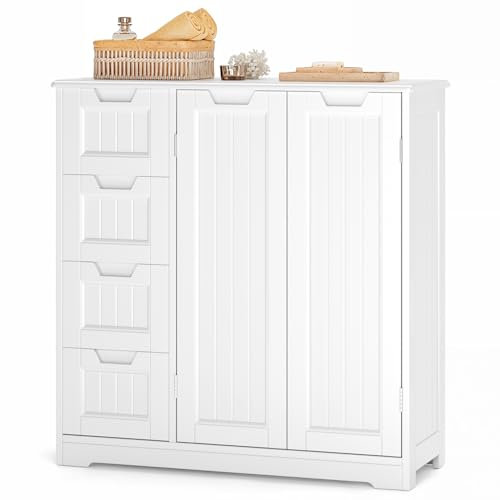 Xbro Armario de Baño con 4 Cajones y 2 Puertas, Mueble Auxiliar con Estante Ajustable para Baño, Cocina y Salón, Almacenamiento Multiusos, 81 x 30 x 83 cm, Blanco