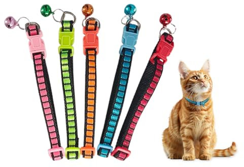 5 Stück Katzenhalsband, Katzen Halsbänder, Reflektierende Kätzchenhalsbänder mit Glöckchen, Verstellbar Kitten Halsband, Personalisiert Haustierzubehör (5 Farben)