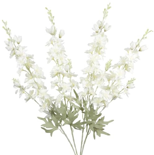 GhuaH 4Pcs White Delphinium Artificial Flowers 33.5 Silk Flowers Bulk Larkspur Artificial Flower Long Stem Fake Delphinium Plant Flower for Tall Vase Floral Arrangement Centerpiece Bouquet Home Decor