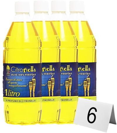 Ma Maison Set Olio Combustibile per Torce e Lanterne alla Citronella - per Spazi Esterni come Giardino, Balcone, Terrazzo - Repellente Zanzare 1 litro (Citronella - 6 Pz)