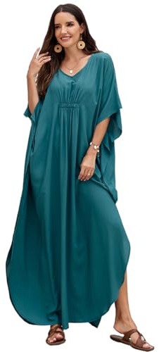 PHLCEhot Women's Cotton Blend Maxi Long Tunic Dress Plus Size Kaftan Beach Dress Bikini Cover Ups Peacock Green