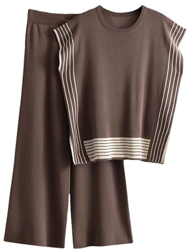 Veriliss Two Piece Outfits for Women Co Ord Sets Knited Sweater Set Tracksuit Pullover Tops Elastic Waisted Pants Lounge Wear(Stripe-Brown,L)