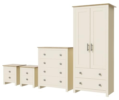 Nera 4 Piece Bedroom Furniture Set Wardrobe with Drawers, 4 Drawer Chest and Bedside Cabinet Bedroom Storage (Cream on Oak)
