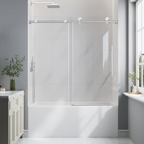 EASYWORC Bathtub Shower Door Frameless, 55-60 W x 60 H Sliding Tub Shower Door, 1/4''(6mm) SGCC Tempered Glass with Explosion-Proof Film Nano Coating, Stainless Steel Hardware, Brushed Nickel