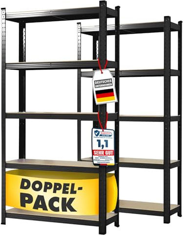 casa Pura Set di 2 scaffale per carichi Pesanti, 40x90x180 cm, con Struttura in Acciaio - Portata Massima: 875 kg - 5 Ripiani Regolabili - Nero