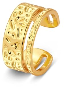 ALEXCRAFT Anello Oro 18K Placcato Anello Aperto Taglia con Doppio Strato Martellato Fascia 6.5mm + 2mm Anelll Donna Uomo
