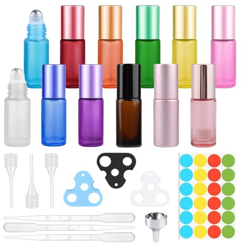 BellaHälsa 12 stycken 5 ml Roll On glasflaskor för eteriska oljor, rulle på flaska tom med rostfritt stålboll, öppnare, droppare och tratt, färgglad för parfym, massage, aromaterapi (5 ml)