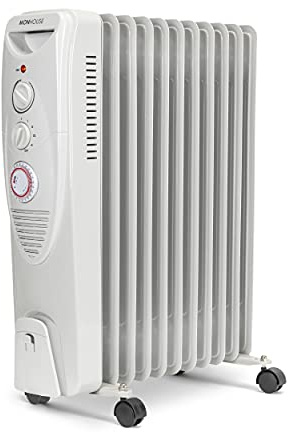 MONHOUSE 2900W Oil Filled Radiator – Plug in Portable Electric Heater – 5 Power Settings, Adjustable Temperature/Thermostat - Thermal Safety Cut Off, 24 Hour Timer & Fan – 11 Fins - White