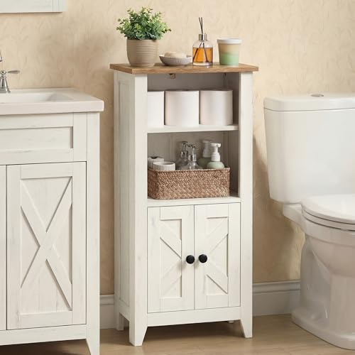 VASAGLE LIRY Collection - Armoire Salle de Bain Style Campagne, Meuble de Rangement Mince, avec Compartiments Ouverts, Portes, Blanc Rustique et Marron Miel BBK313W101