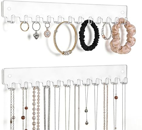 DoocliB 2 Piezas colgador collares Pared, organizador collares de acrílico | Soporte para Joyas, Autoadhesivo y Fijado con Tornillos, Organizador de Joyas para Collar, Anillos, Brazaletes