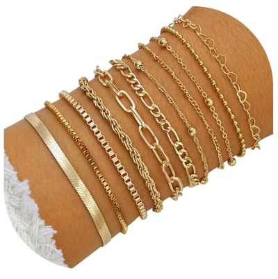 MOPZIJA 11pcs Delicado brazalete para mujer, Pulsera Mujer Acero Inoxidable Pulseras en Oro de Cadena de Serpiente Pulsera Ajustable Apilables Pulseras para Mujer, Simple y Filigrana, Oro