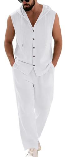 Oanviso Hombre 2 Piezas de Algodón y Lino Sin Mangas Camisa Tank Top con Capucha + Pantalones de Playa Deportivos Pantalón Completo Traje Conjuntos Verano A Blanco M