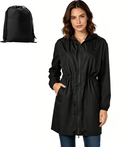 SCCGKP Women's Waterproof Long Raincoat with Hood Outdoor Lightweight Windbreaker Rain Jacket for Golf Hiking Travel (UK, Alpha, S, Regular, Regular, Black)