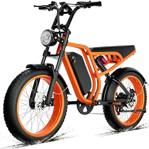 DEEPOWER Vélo Électrique Adulte, Batterie Amovible 48V/52V 20Ah, Jusqu'à 120 Km D'Autonomie, Moteur Brushless, Pneus Fat 20 Pouces, 7 Vitesses, Suspension Hydraulique, VTT Tout Terrain (Orange)