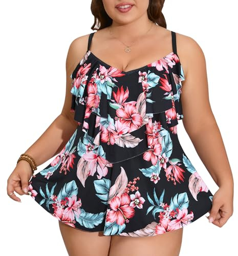 WIN.MAX Tankini Swimwear Women High Waist Ruffles Set 2 Piece Bikini Set Swimsuit Plus Size Swimsuit