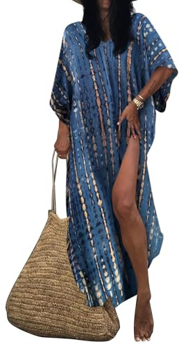 Bsubseach Femme Robe de Plage Tunique Plage Caftan Grande Taille Demi Manches Kaftan Bohème Maxi Longue Bleu