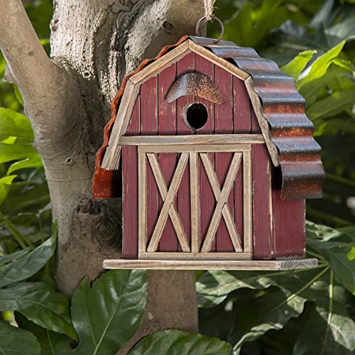 Glitzhome 10.25 H Hanging Birdhouse Rustic Wooden Barn Garden Bird House for Outdoor