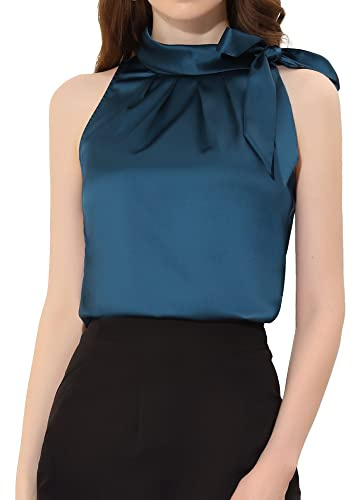 Allegra K Women's Elegant Satin Sleeveless Tie Knot Mock Neck Solid Work Blouse Top, Peacock Blue, XL