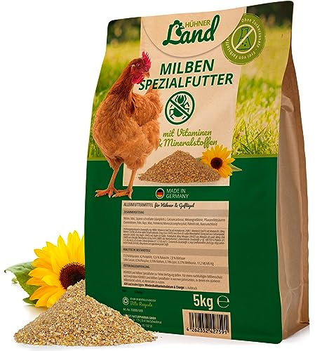 HÜHNER Land Milben-Spezial Hühnerfutter mit Vitaminen & Mineralstoffen 5kg - Ohne Farbstoffe & Zuckerzusätze, Premium Körner- und Saatmischung, Abwechslung Hühner Alleinfutter