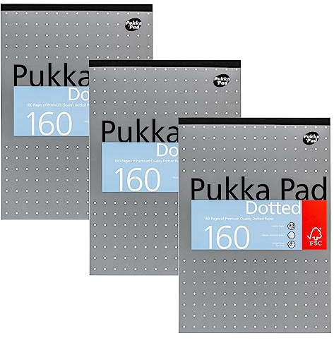 Pukka Pad, A4 Dotted Refill Metallic Notepad for Graphing, Art, Bullet Journaling – 3 Pack – 29.7 x 21cm – Tape-Bound Notebook with 80GSM Paper, 4-Hole Margins and Perforation – 160 Pages, Silver