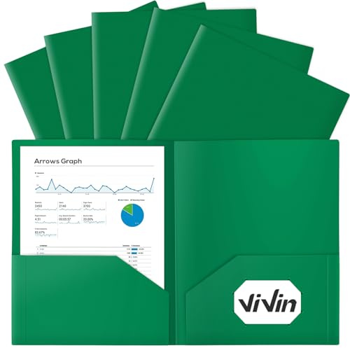 ViVin 12-Pack Green Plastic Folders with Pockets, Fits 8.5 x 11 Inch Letter Size Papers, Poly Folders with 2 Pocket, for Kids, Students, Teacher