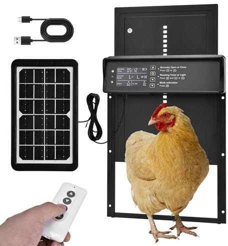 Automatische Hühnerklappe Solar, Aluminum Elektrische Hühnertür mit Großes Display, Lichtsensor, Timer, Fernbedienung, Intelligenter Einklemmschutz, Wasserdichter Automatisch Solar Rolltor